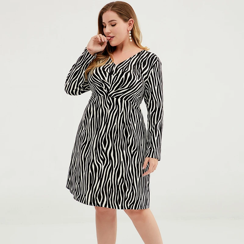 Buykud Women Summer Elegant V-Neck Long Sleeve Loose Party Vestidos Casual Dress  Zebra-Striped Plus Size Women Clothes (7)