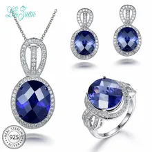 L& zuan овальные сапфировые комплекты украшений для женщин синий драгоценный камень ювелирные изделия 925 пробы серебряные висячие серьги набор обручальное кольцо