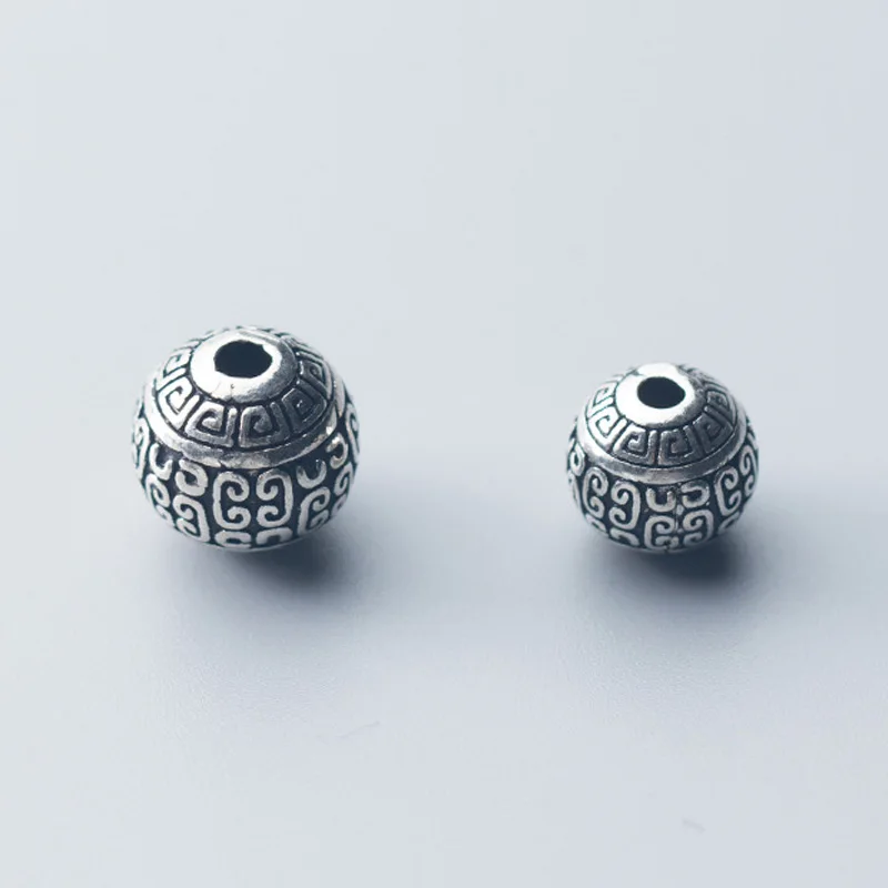 

925 Sterling Silver Geometry Printing Round Spacer Beads 10mm 12mm Handmade Retro Craft Silver Beads DIY Jewelry Accessories