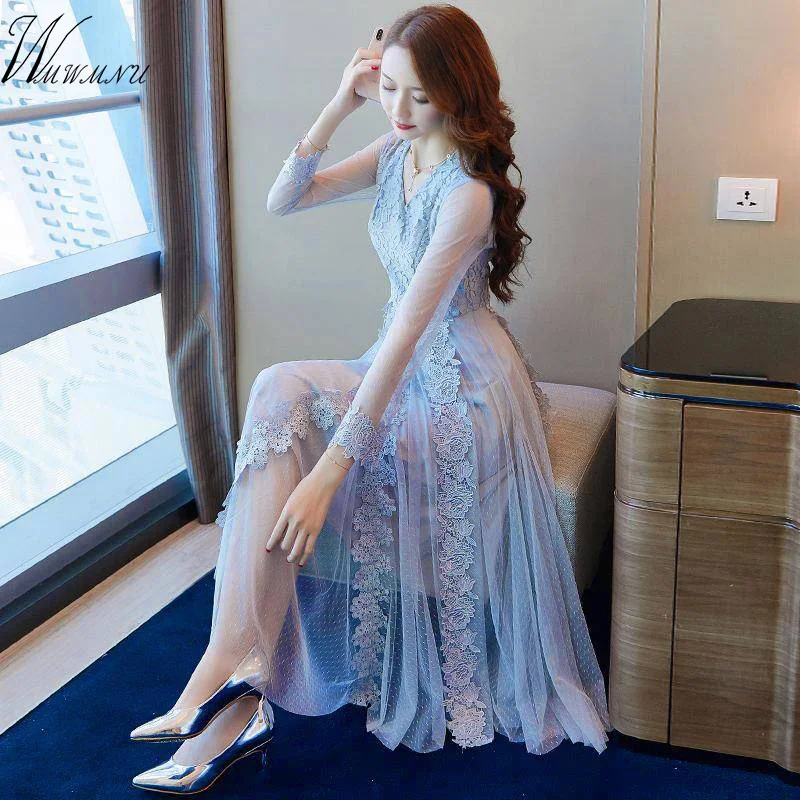 blue floral lace dress