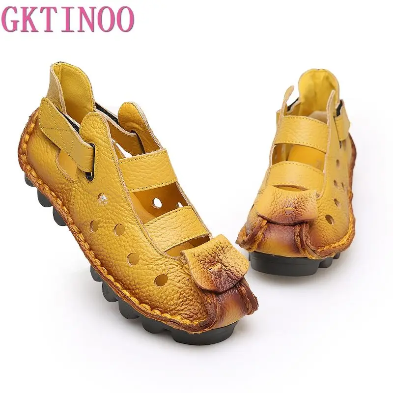 Women Sandals 2025 Summer Soft Bottom Flat Genuine Leather Personality Leisure Retro Handmade