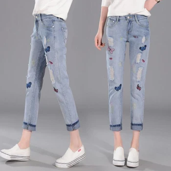 

Lucky Beauty Butterfly Embroidered Jeans For Women Plus Size High Waist Ripped Jeans Mom Woman Casual Harem Ankle Denim Pants