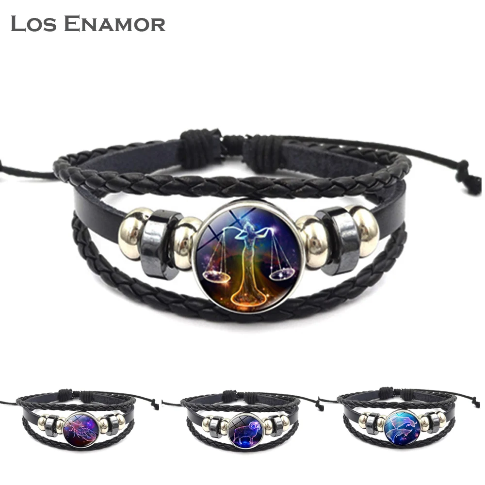 

LosEnamor 12 Constellation Luminous Bracelet Leather Bracelet Charm Bracelets for Men Boys Women Girl Jewelry Accessories Gifts