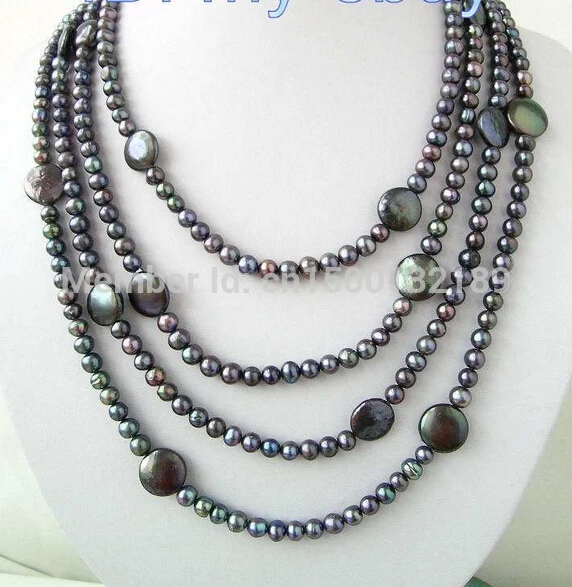 

xd j00109 80" Nice Black 14.8mm Coin Round FW Pearl Necklace AAA