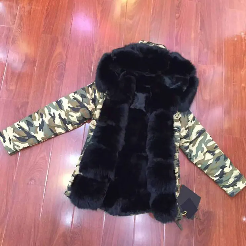Cheap camouflage faux fur lining winter jacket black fox fur hooded collar women parka 2016 New Arrival fashion style