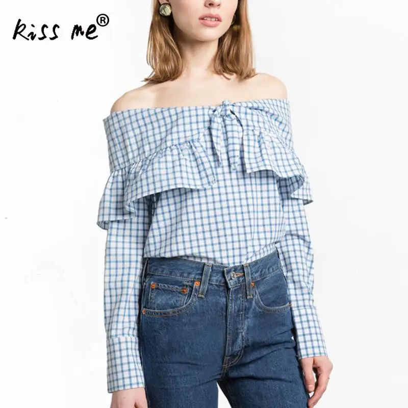 Off Shoulder Blouse Fashion Slim Women Blouse Boat Neck Long Sleeve