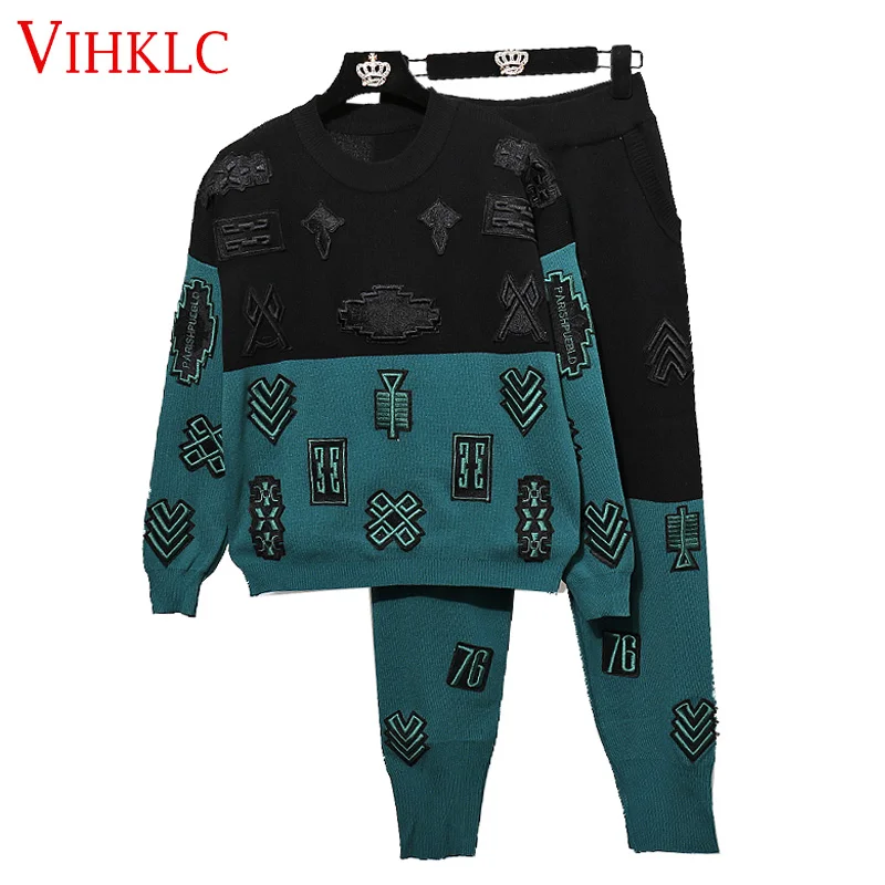 

2019 New Fashion Women's Tracksuit Spell Color Knit Pants Set Leisure Patched Sweater + Long Pants Two-piece Women Suits C570