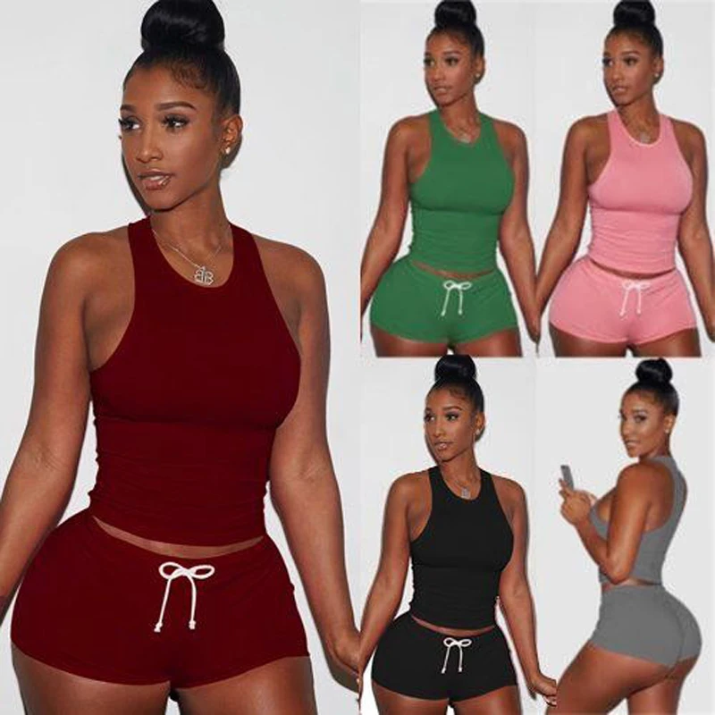 

New Women 2Pcs Suit Workout Gym Elastic Running Sports Bra Vest Shorts Sets Ladies Cotton Solid Hot Summer Girls Clothing