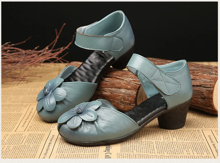 Г., летняя женская обувь женские туфли-лодочки из натуральной кожи Удобные босоножки на высоком каблуке в винтажном стиле с цветком ручной работы женские сандалии