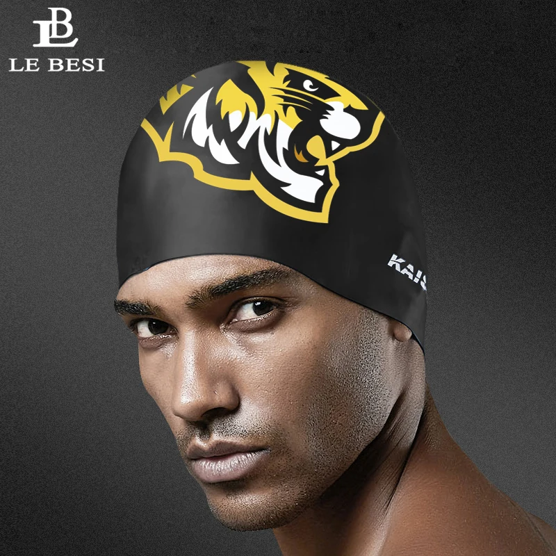 

LEBESI 2019 New Profession Waterproof Man Swimming Cap Adult Print Tiger Swim Caps Protect Ears Plus Size Soft Women Bathing Cap