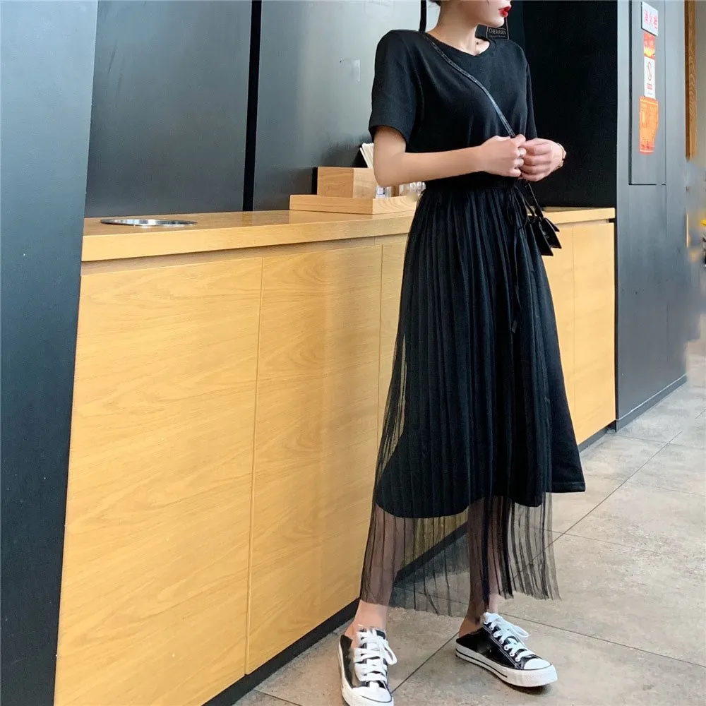 

Fashion 2019 Women Summer Loose T Shirt Dress Short-Sleeved Stitching Mesh Dress Long Beach Dresses