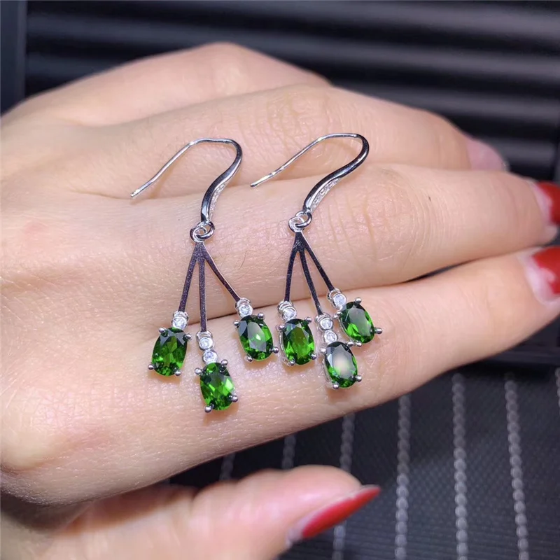 Естественный диопсид серьги в виде капель для Для женщин вечерние подарки 4x6 мм 5A натуральные камни из белого золота ювелирные изделия 925 пробы серебро#406