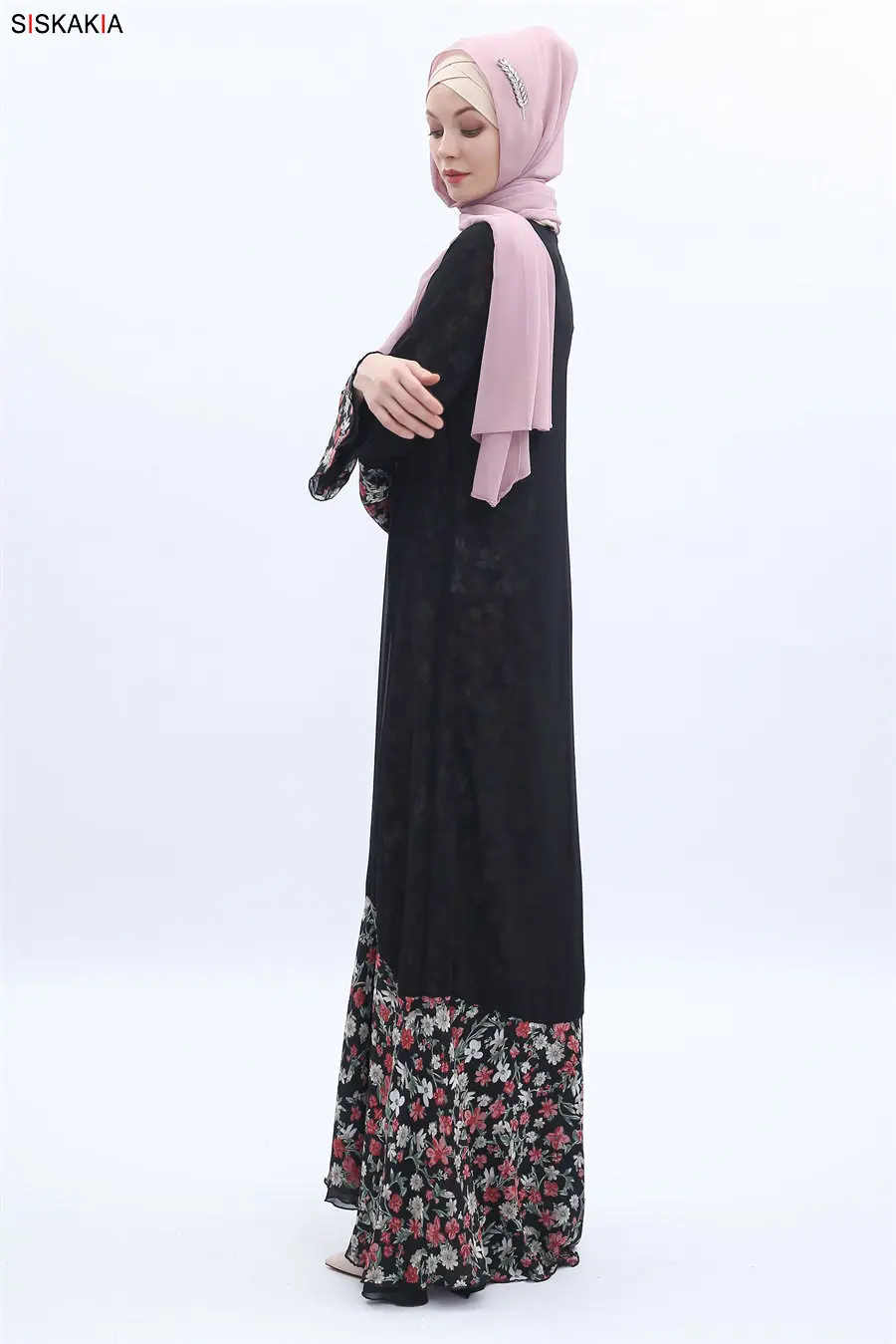 Женское шифоновое платье Siskakia, длинное платье лоскутного покроя с цветочным рисунком, черное платье из двустороннего материала, с