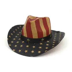 Мужская соломенная Классическая ковбойская шляпа с американским флагом и широкими полями, летняя кепка для пастухов, Прямая поставка