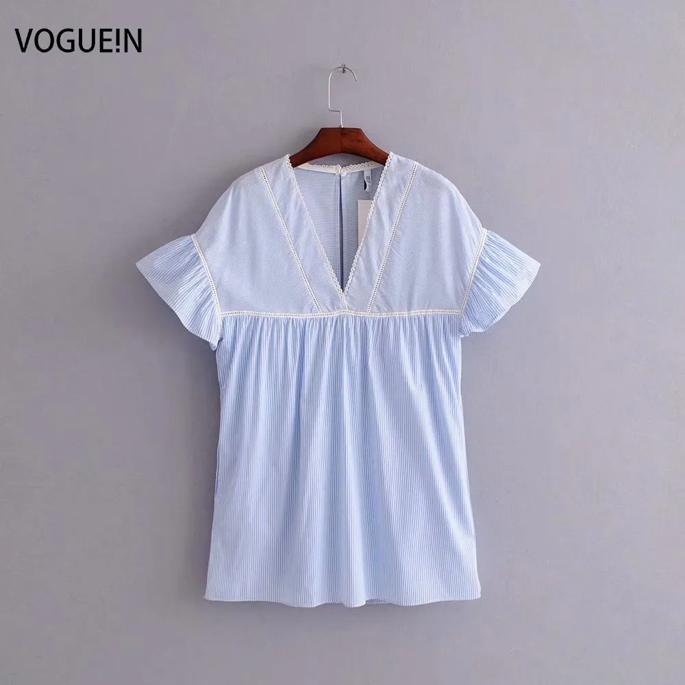 

VOGUEIN New Womens Hollow Blue Striped Print V-Neck under Shorts Mini Dress Wholesale