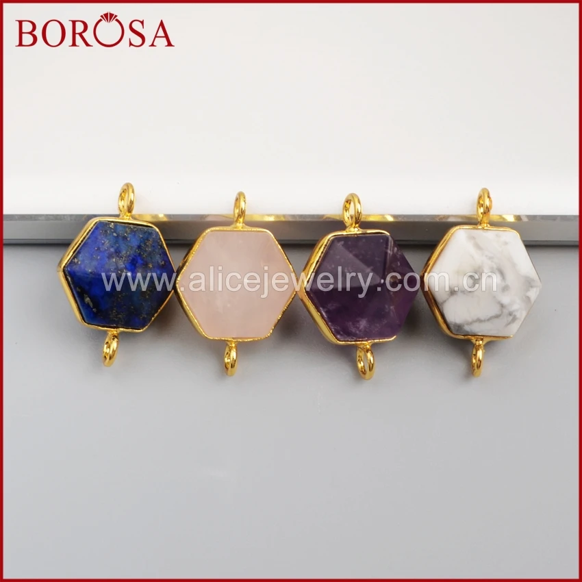 

BOROSA Gold Color Hexagon Terminated Point Multi-Kind Stones Lapis Lazuli Faceted Connector Double Bails for Jewelry DIY G0998