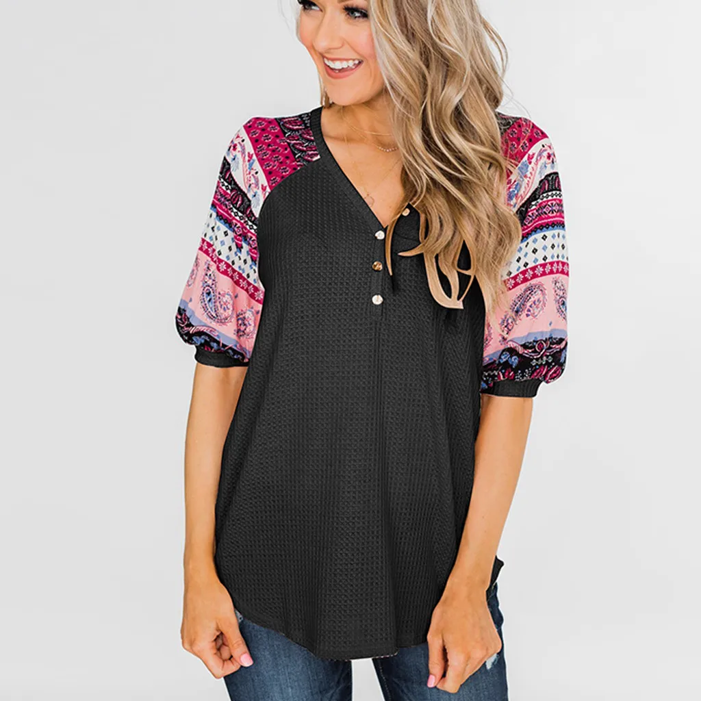 

Fashion Printed Patchwork Knitting Blouse Casual Ladies Buttons Loose Tee Tops Female Women's Short Sleeve Shirt Blusas Pullover