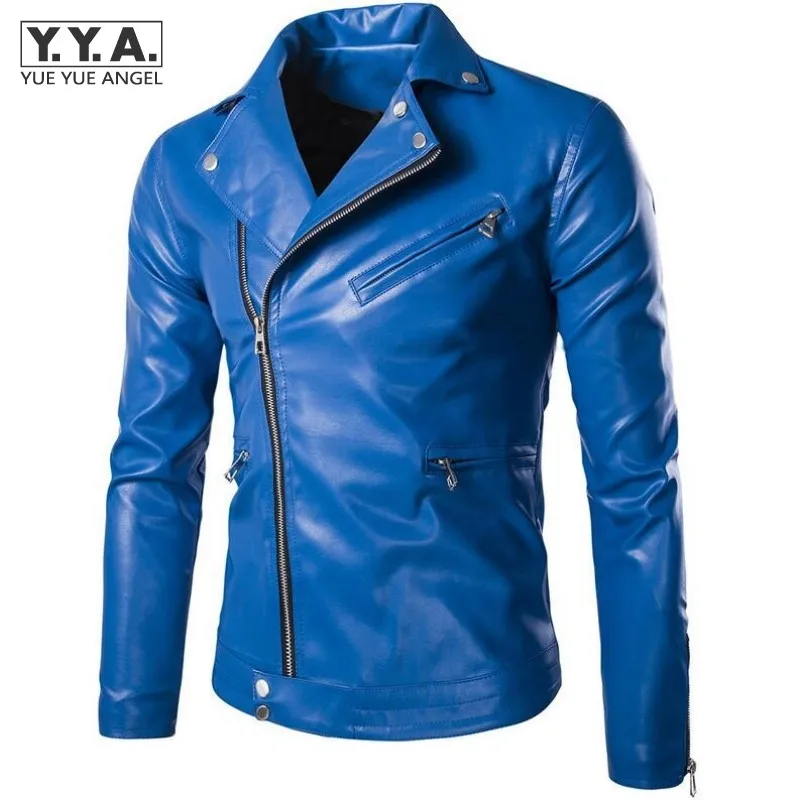 High Quality Faux Leather Jacket Men Long Sleeve Lapel Biker Homme Coats Blue Black PU Leather Jacket Rock Style Stage Clothing