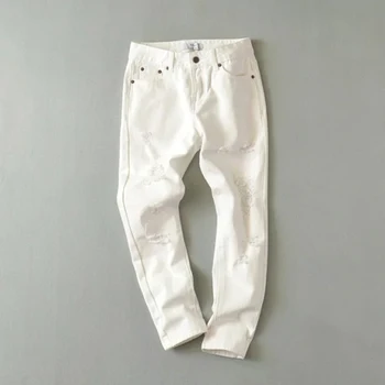 

Klacwaya women hole ripped white jeans 2019 fashion ladies slim mom denim pants Korean girls street-wear trousers plus size xxl