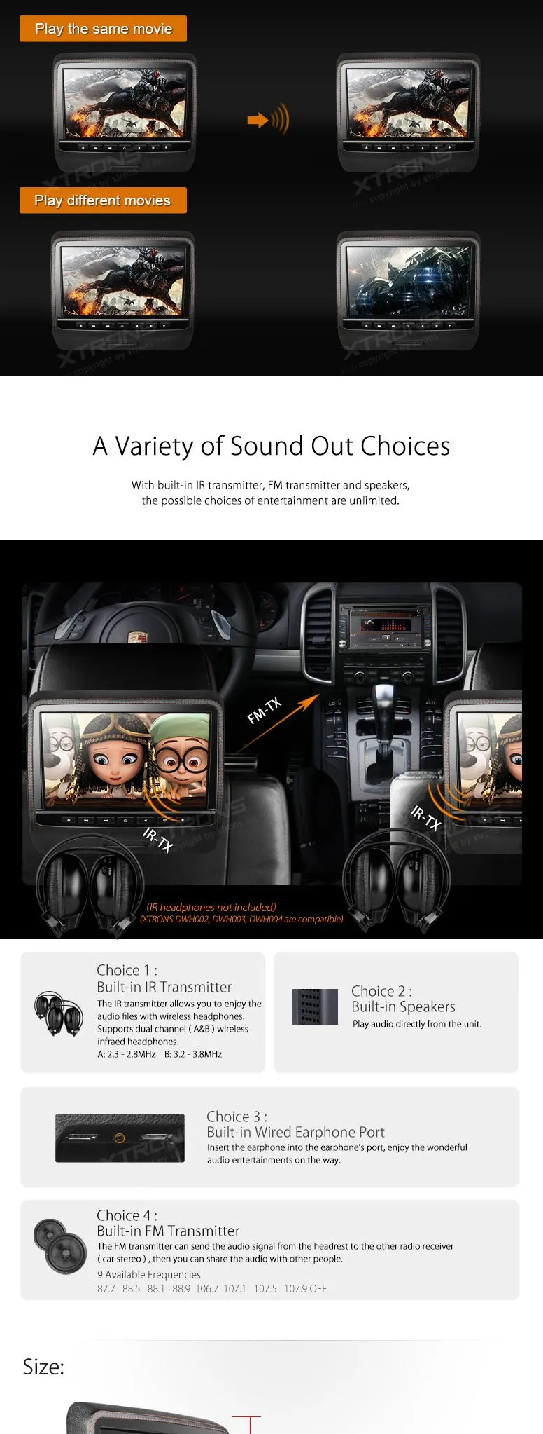 Clearance XTRONS 9 inch HD Digital TFT Screen Leather slim Styled Car Headrest DVD Player with HDMI Port car stereo 8