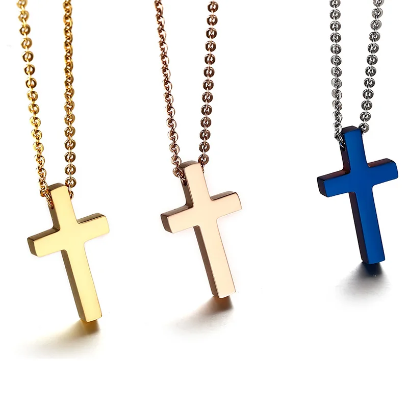 

Stainless Steel Medium Gold Rose Gold Blue Simple Cross Pendant Necklace for Men Boy Baptism Free Cable Chain