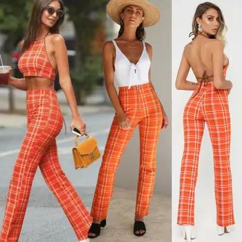 

2PCS Women Camisole Halterneck Plaid Crop Tops High Waist Belt Zippers Long Pants Casual Trousers Outfit