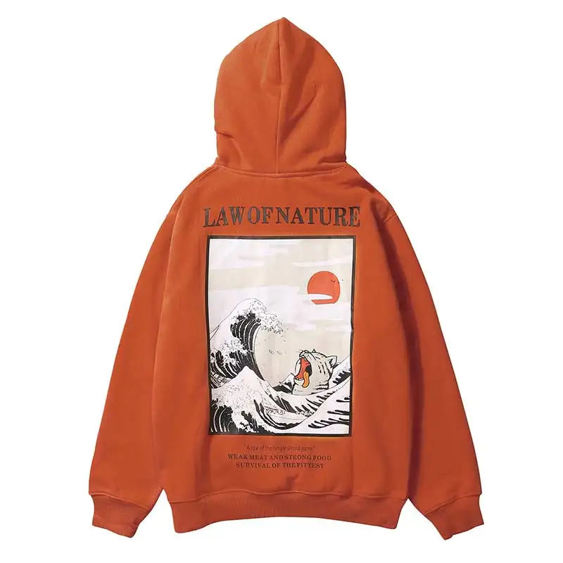  Aolamegs Hoodies Men Japanese Funny Cat Wave Hooded High Street Thick Pullover Sweatshirt Men Fleec