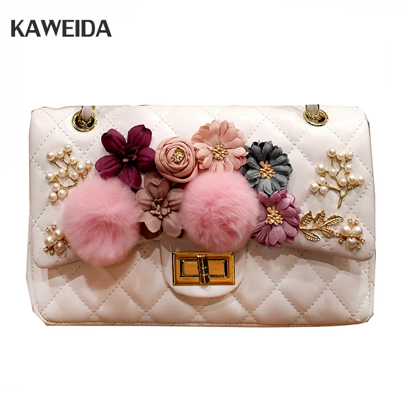 

Hairball Women Handbag Messenger Bag Female Handmade Flower Bag 2018 New PU leather Small Bag Women Summer Chains Shoulder Bag