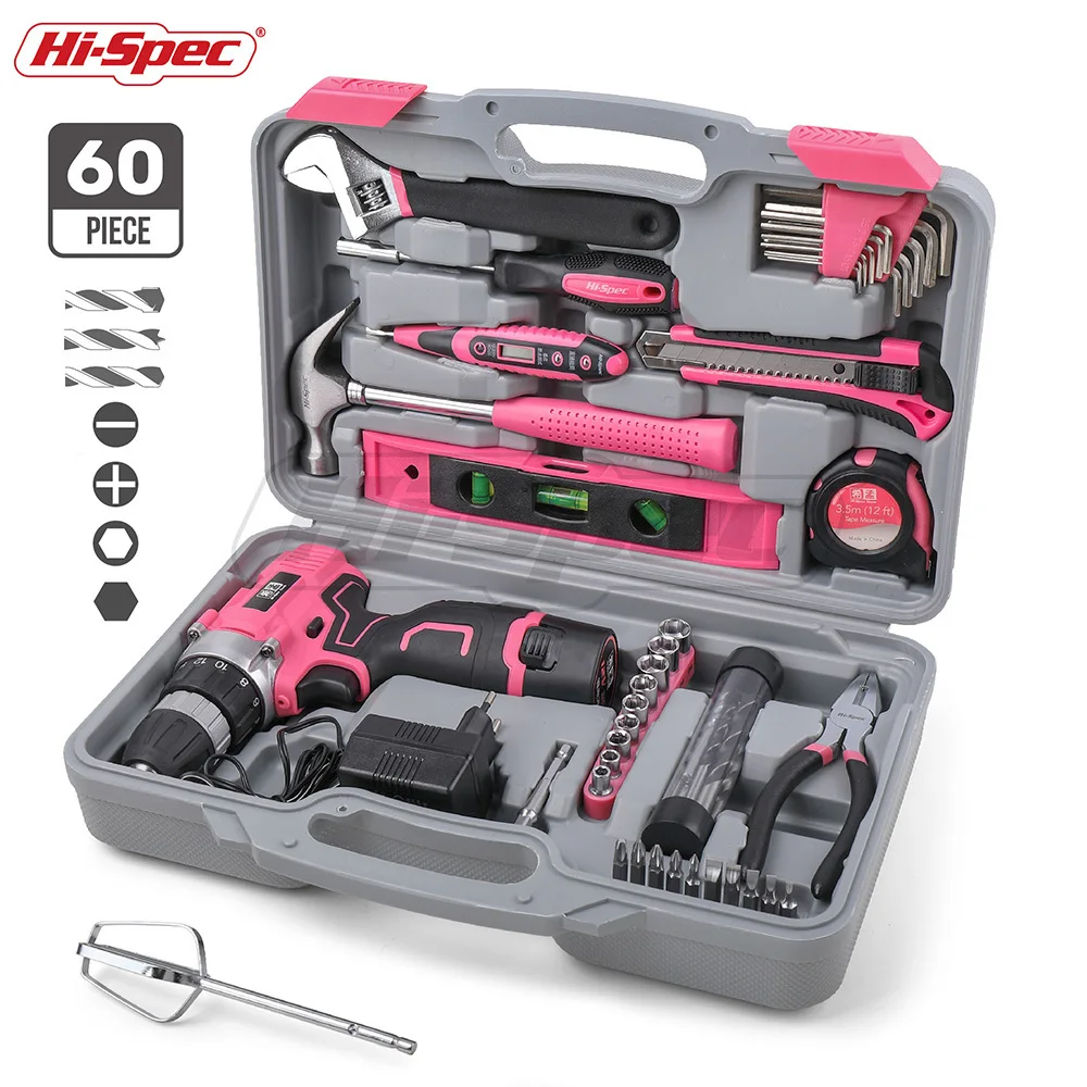 Günstige Hallo Spec 60 Stück Rosa Hand Tool Set Kit 12V Elektrische Schraubendreher Li Ion Batterie Gril Dame Frauen Haushalt power Tool Set