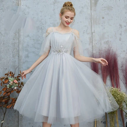 SSYfashion/Элегантные фатиновые платья длиной до колен фиолетового цвета для подружек невесты для женщин, свадебные платья для гостей, вечерние платья на заказ - Цвет: grey