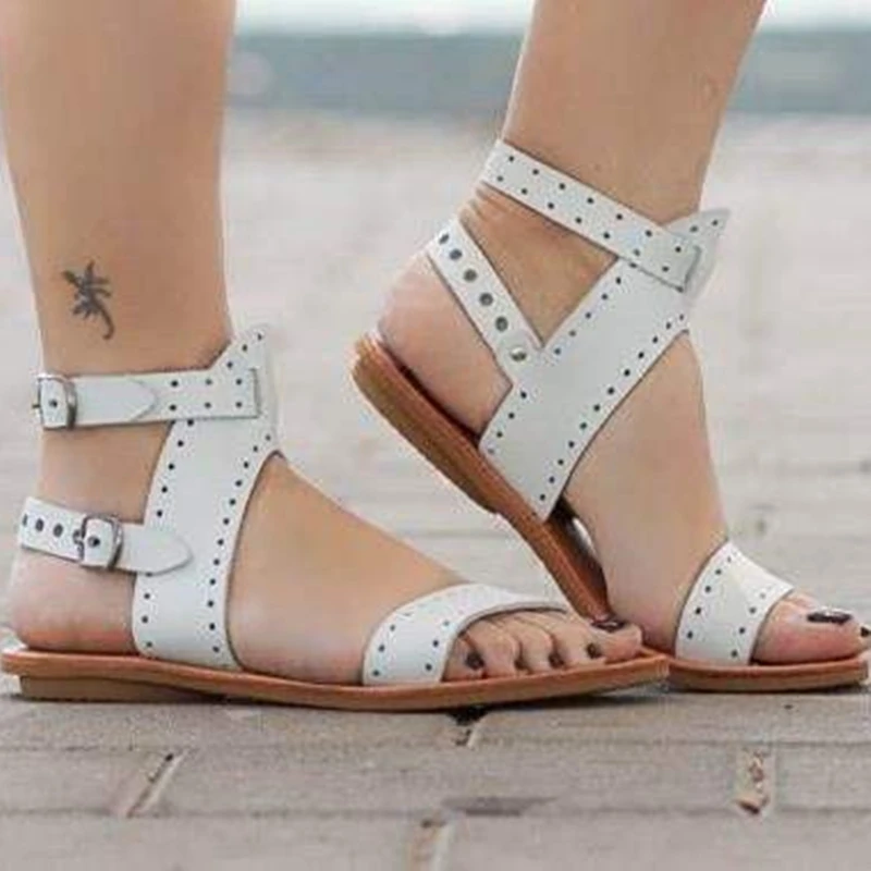

Summer Sandals Women Plus Size Flats Female Casual Peep Toe Gladiator Shoes PU Leather Ankle Strap Buckle Leisure Solid Footwear