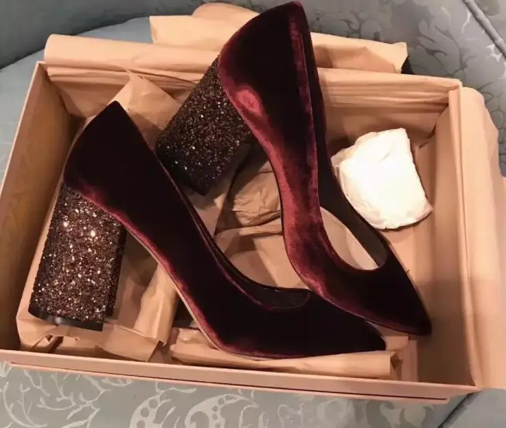 Paillettes De Chaussures Rouge Orteil Pointu Talons Femmes Porter Parti 6cm 2018 Hiver Heels Vin Mode Chunky Mariage rose Automne Velours Mariée 8nqw507w