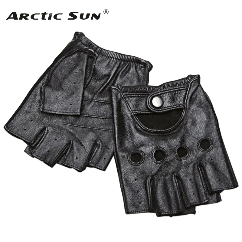 Comprar Guantes de cuero genuino de medio Dedo de los hombres de verano de conducción transpirable Semi dedo masculino de piel de oveja guante antideslizante Fitness JT9006