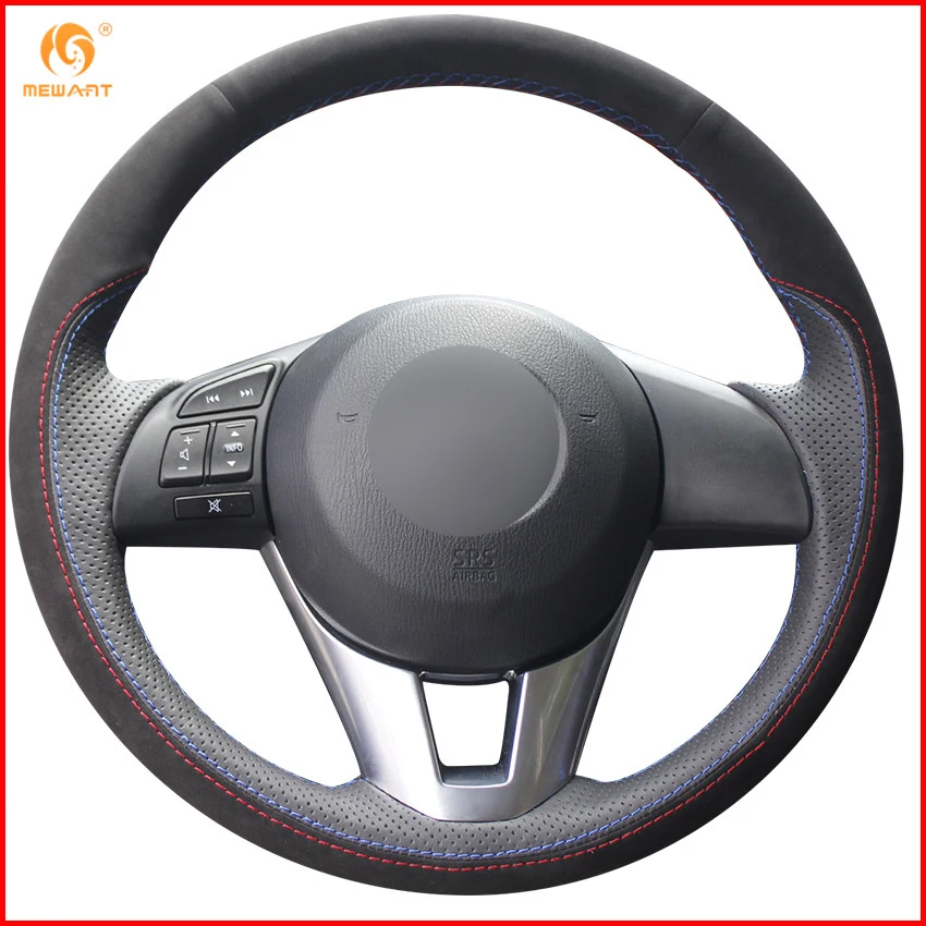 MEWANT Black Suede Black Genuine Leather Car Steering Wheel Cover for