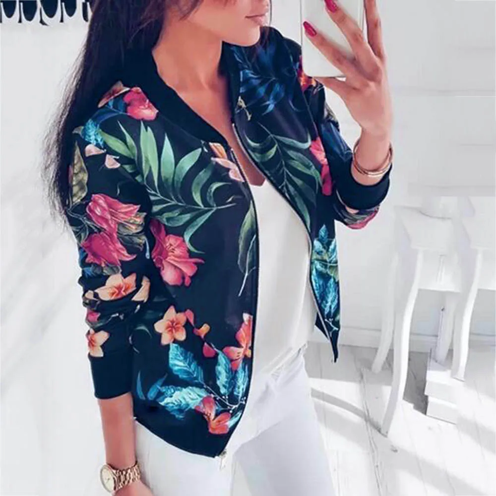 

Women Jackets Flower Floral Print Retro Ladies Zipper Up Short Thin Slim Bomber Jacket Coats Fashion Basic Casual Outerwear