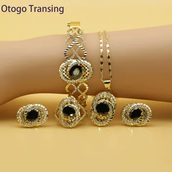 

Otogo Transing 2019 Round Black Cubic Zirconia Gold Color Jewelry Sets For Women Earring Pendant Necklace Ring Bracelet SET211