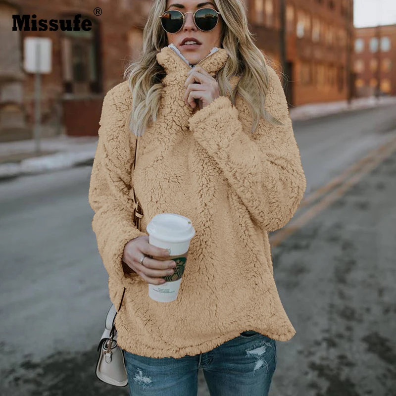 Missufe 2018 الخريف الشتاء موقف طوق البلوز كم طويل دافئ لينة هوديس البلوفرات فضفاض أفخم لينة مقنعين النساء