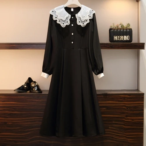 

Autumn Black Dress With White Collar Women Clothes 2019 Lace Fitted Dress Long Sleeve Fashion Ruffle Dresses Plus Size Loose