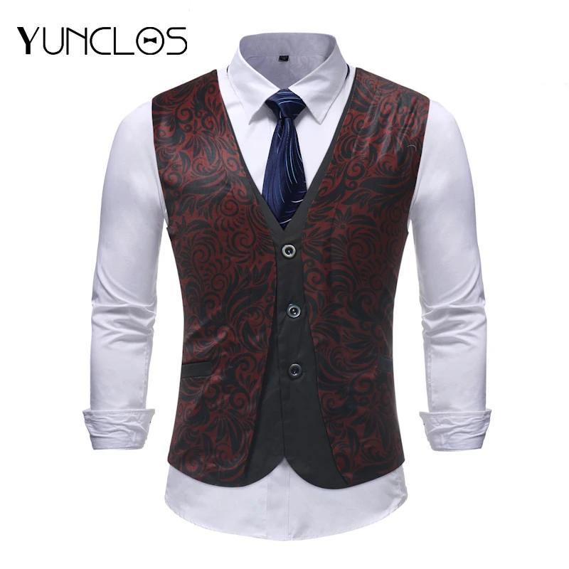 

YUNCLOS EU Size New Arrivel Mens Waistcoats Vests Slim Fit Faker 2 Pieces Printed Men Vest Party Wedding Coletes Chaleco Hombre