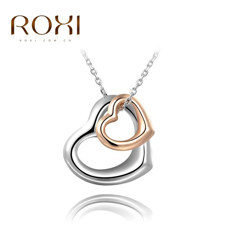 

ROXI Brand New Lover Gift Double Heart Pendant For Couple Silver Peace Sign Necklace Clavicle Necklace Woman Jewelry collier fem