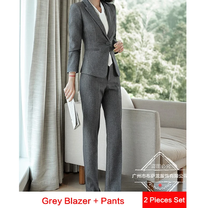 grey pants suits Высокое качество, новые модные женские костюмы, тонкая рабочая одежда, офисный Женский блейзер с длинным рукавом, костюмы с юбкой, костюмы для женщин с юбкой - Цвет: grey pants suits