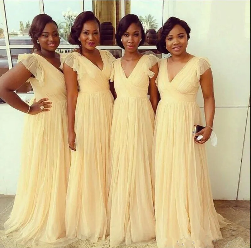 

New Coming Long Bridemaid Dresses With Cap Sleeves Zipper Back Sweep Train V-Neck Customized Maid Of Honor Wedding Guest Dress