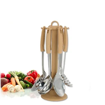 

Stainless Steel 7 Piece Kitchen Tools Set Bake Cooking Utensil with plate rack Slotted Soup Spoon Missing Shoved DEC241