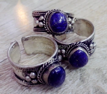 

Free Shipping 10pcs/Lot High Quality Retro Style Tibet Silver Carved Lace inlay Blue Lapis Lazuli Bead Nepal Ring Adjustable