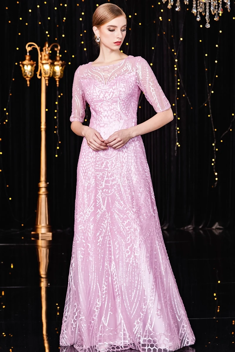 JANCEMBER vestidos de coctel прямой короткий рукав длина до пола Иллюзия органза узор последняя женская халат de soire longue