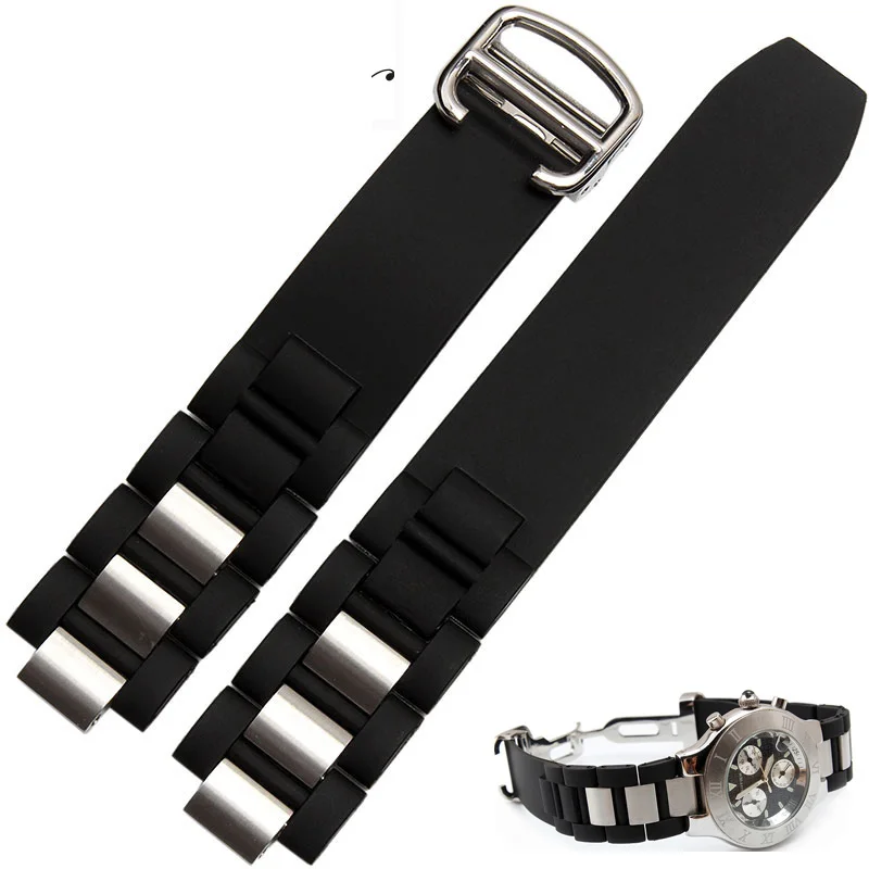 

Convex shape of mouth 20mm Waterproof Rubber Watchband Watch Strap Wristband for Cartier 21 Chronograph Watch Black +Free TOOLs