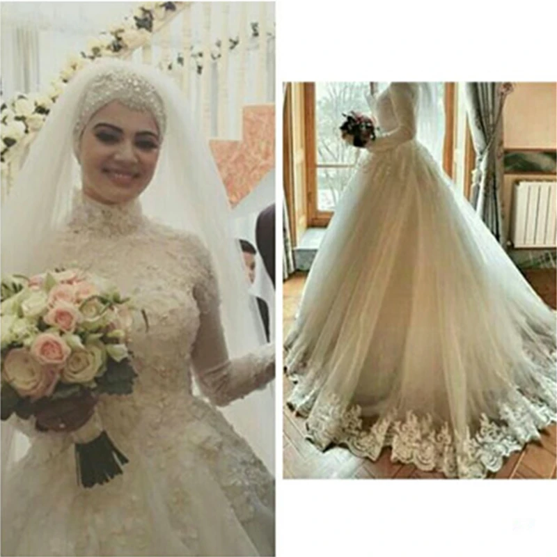 Luxury Jewel Lace Long Sleeves Muslim font b Hijab b font Wedding Dress 2017 lace up
