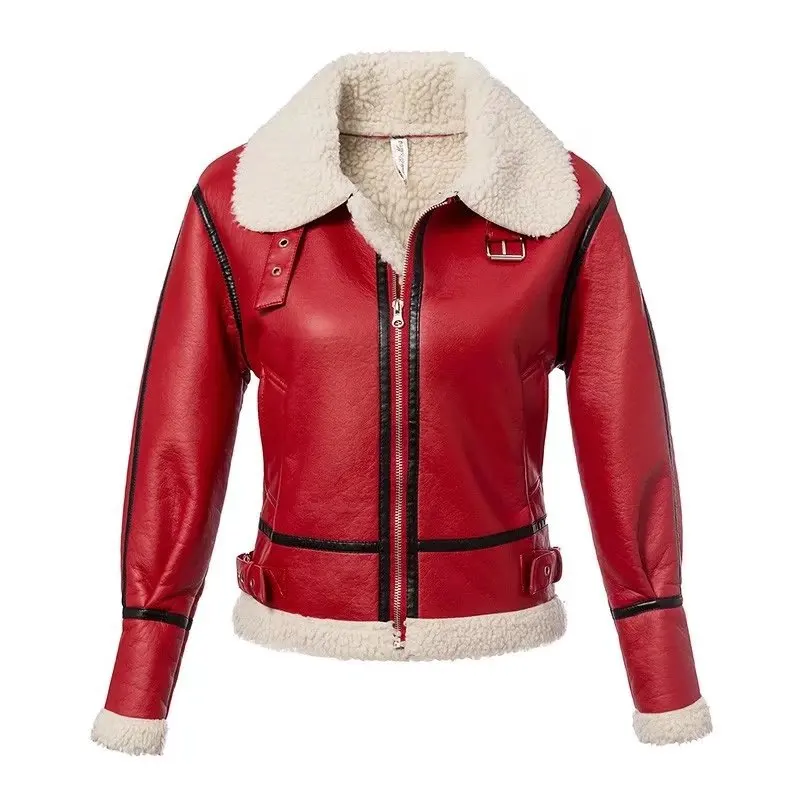 Winter Women Red PU Leather Jacket Woman With Thermal Warm Faux Fur