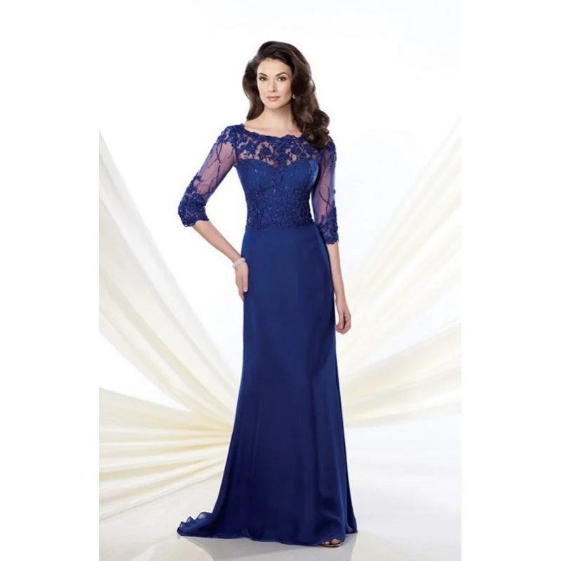 

2015 Evening Dresses Blue Prom Dresses Elegant Design Scoop Illusion Half Sleeve Aline Sweep Train Formal Dresses Fall Winter