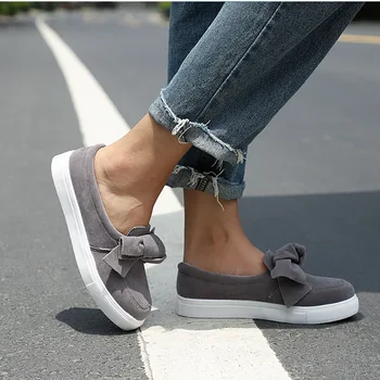 

MCCKLE Women Loafers Plus Size Platform Slip On Bowtie Flat Shoes Sewing Casual Bowknot Shoe For Female Flock Moccasins Footwear